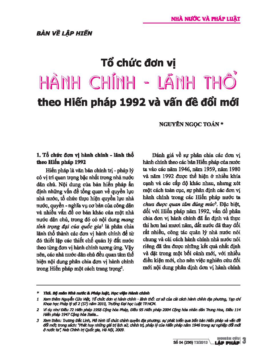 Tổ chức đơn vị hành chính - lãnh thổ theo Hiến pháp 1992 và vấn đề đổi mới