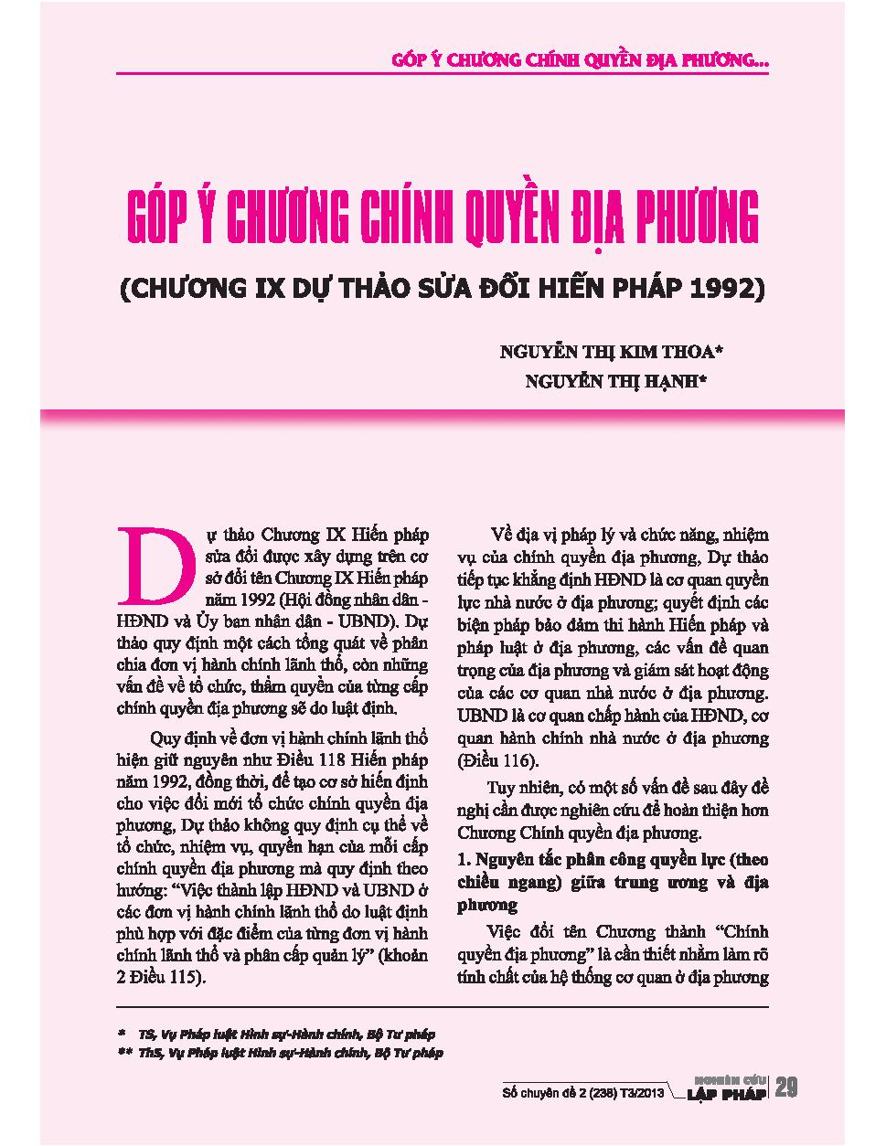 Góp ý chương trình quyền địa phương ( chương trình dự thảo sửa đổi Hiến pháp 1992)