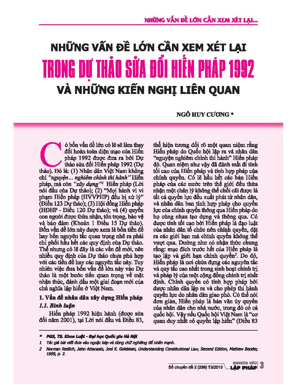 Những vấn đề lớn cần xem xét lại trong dự thảo sửa đổi Hiến pháp 1992 và những kiến nghị liên quan