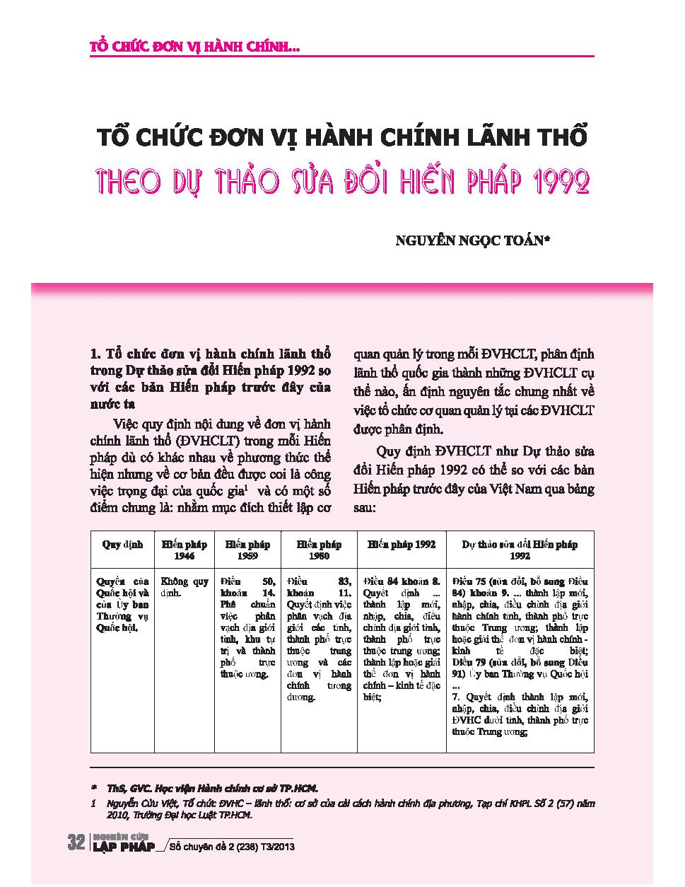 Tổ chức đơn vị hành chính lãnh thổ theo dự thảo sửa đổi Hiến pháp 1992