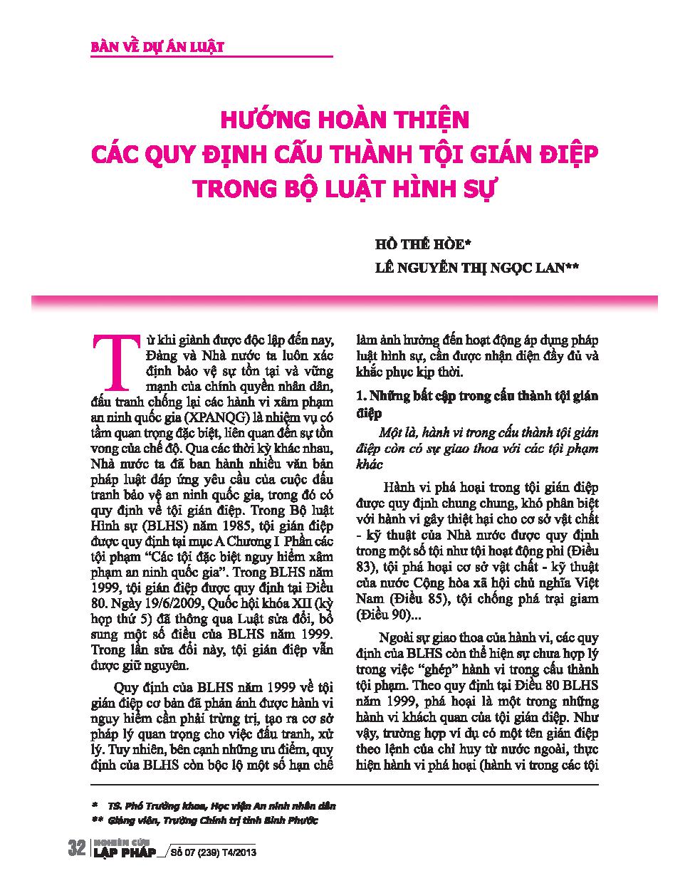 Hướng hoàn thiện các quy định cấu thành tội gián điệp trong bộ luật hình sự