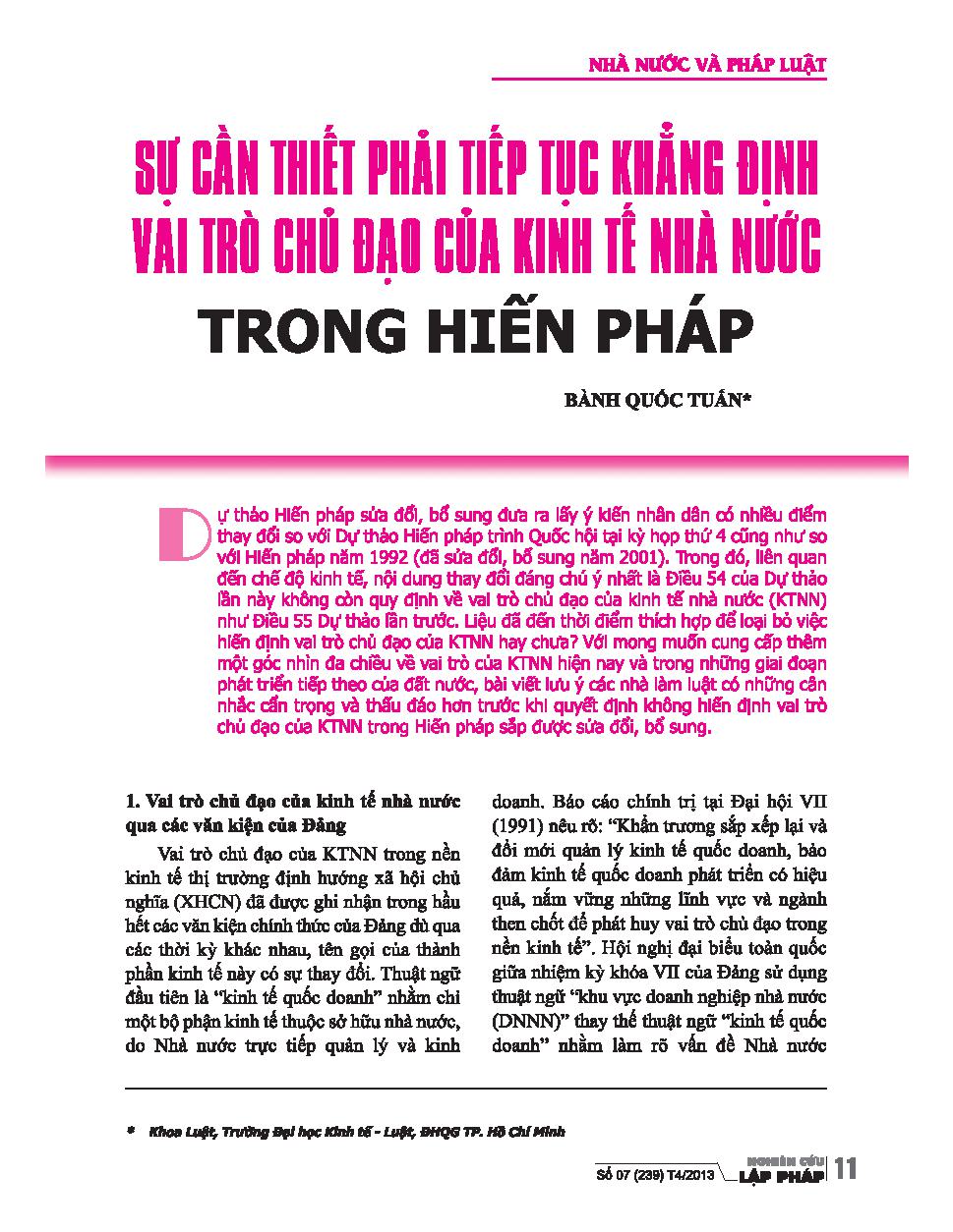 Sự cần thiết tiếp tục khẳng định vai trò chủ đạo của kinh tế nhà nước trong Hiến pháp