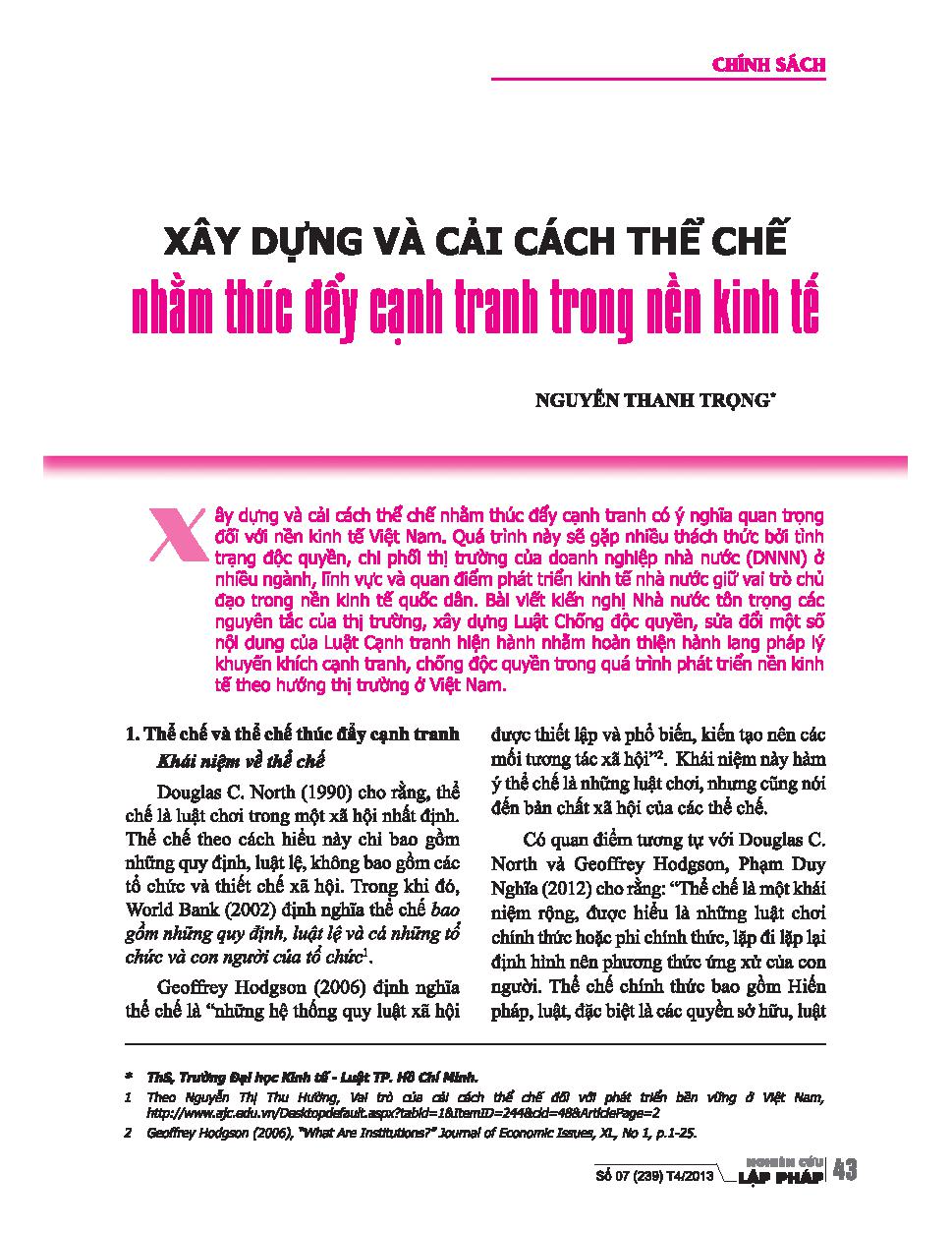 Xây dựng và cải cách thể chế nhằm thúc đẩy cạnh tranh trong nền kinh tế