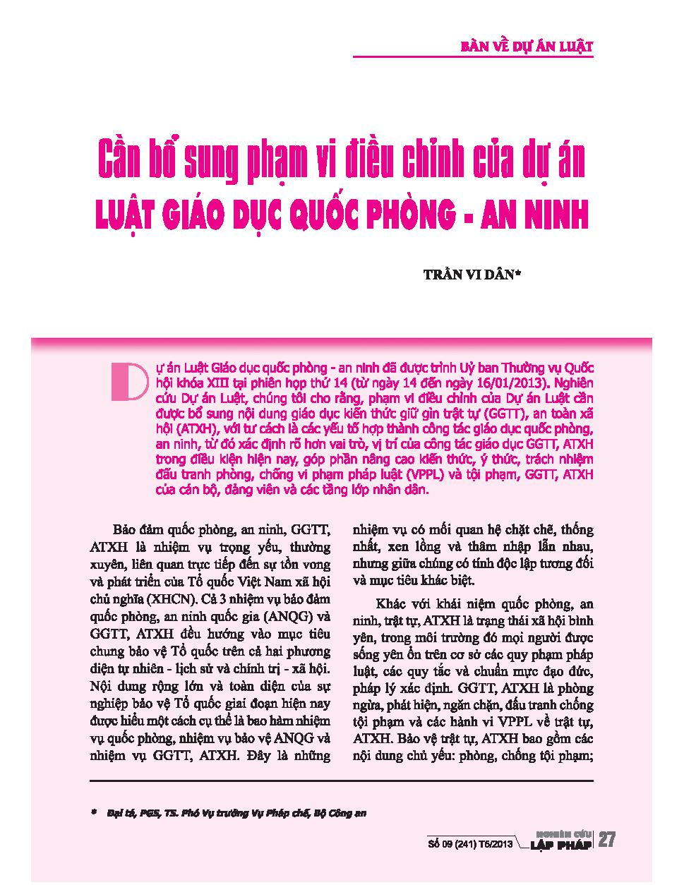 Cần bổ sung phạm vi điều chỉnh của dự án luật giáo dục quốc phòng-an ninh