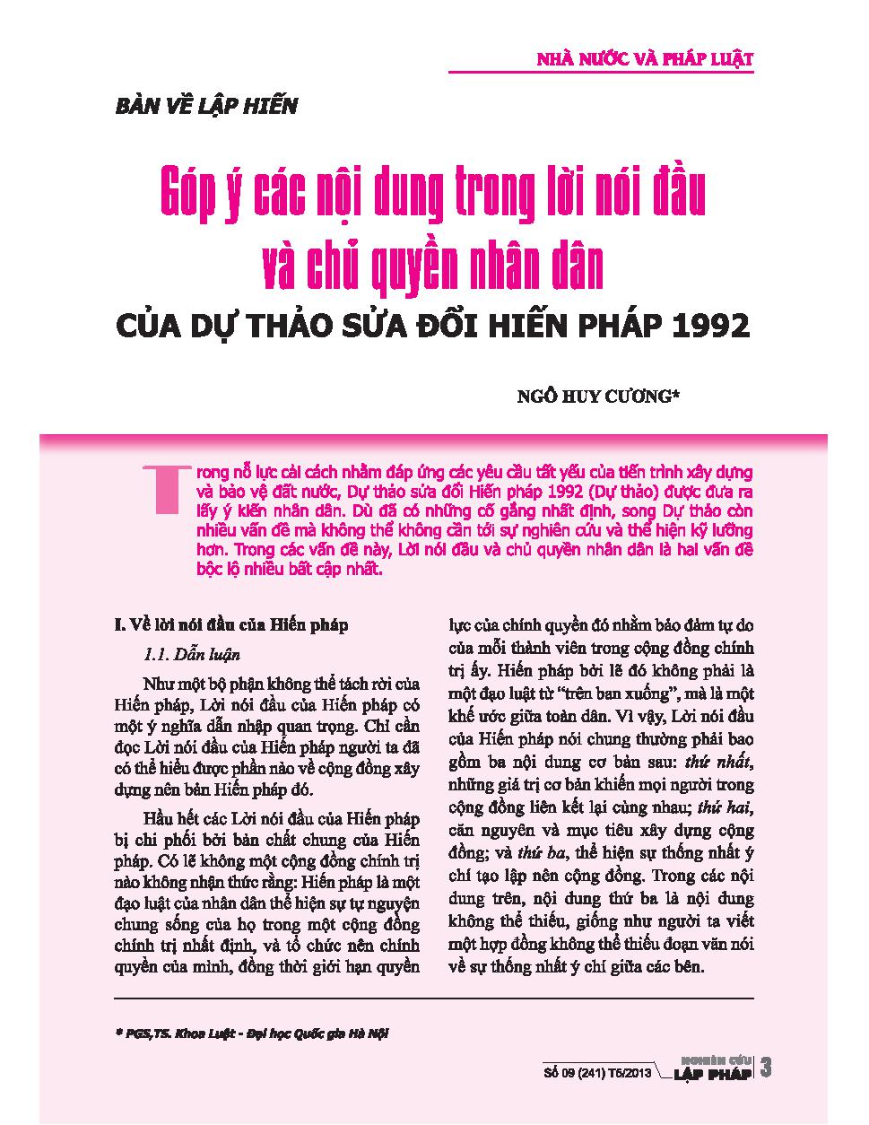 Góp ý các nội dung trong lời nói đầu và chủ quyền nhân dân của dự thảo sửa đổi Hiến pháp 1992