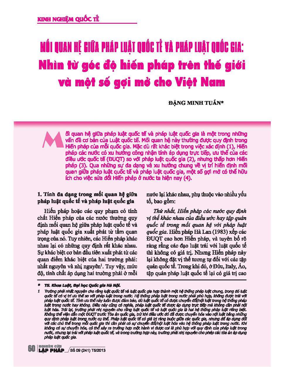 Mối quan hệ giữa pháp luật quốc tế và pháp luật quốc gia: Nhìn từ góc độ hiến pháp trên thế giới và một số gợi mở cho Việt Nam