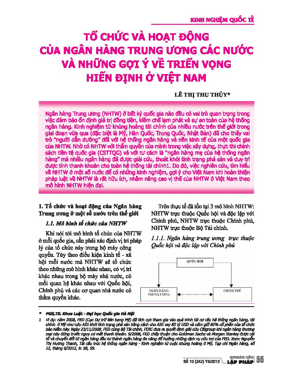 Tổ chức và hoạt động của ngân hàng trung ương các nước và những gợi ý về triển vọng hiến định ở Việt Nam