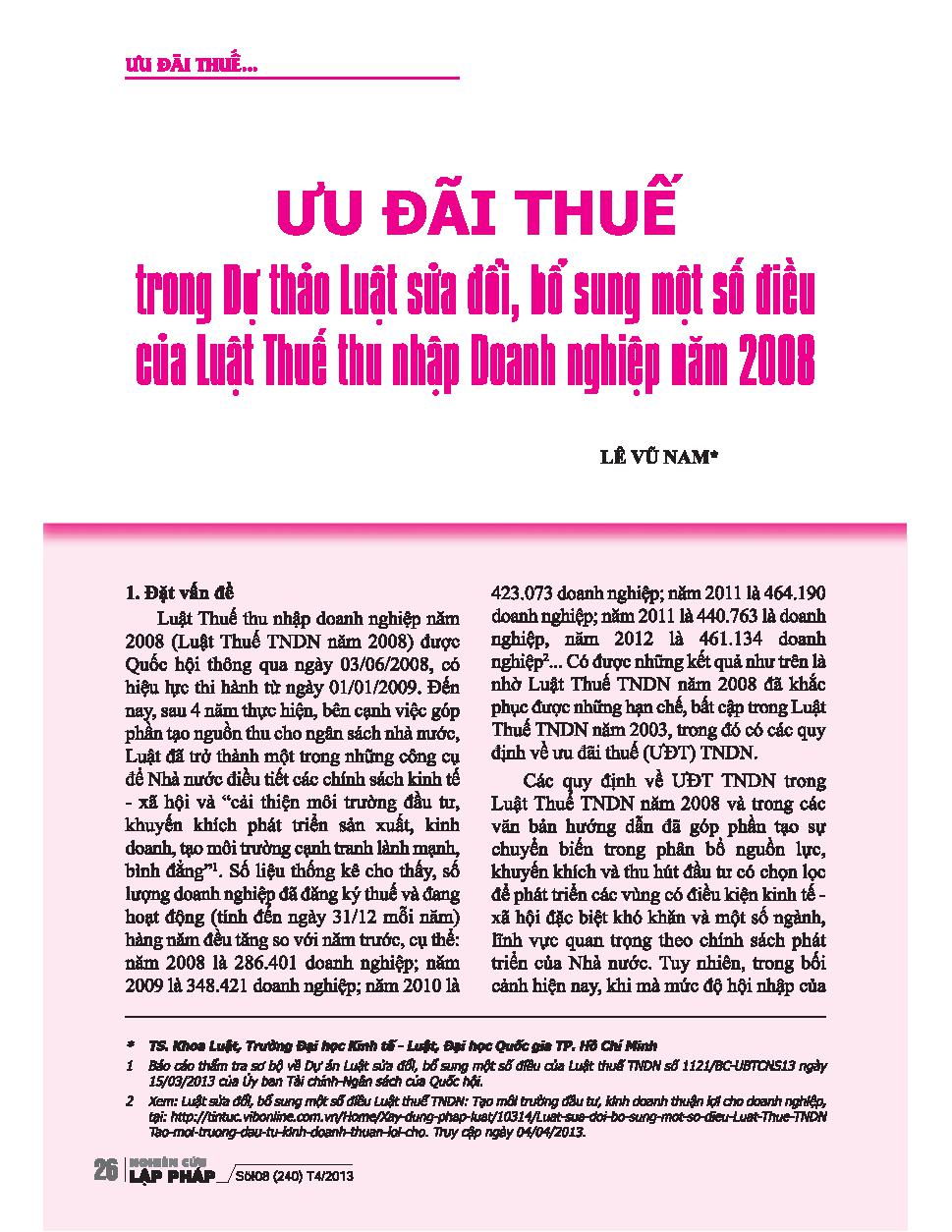 Ưu đãi thuế trong dự thảo luật sửa đổi, bổ sung một số điều của luật thuế thu nhập doanh nghiệp năm 2008