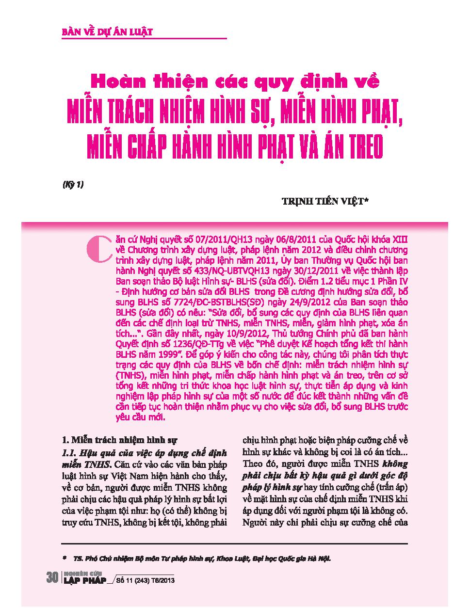 Hoàn thiện các quy định về miễn trách nhiệm hình sự, miễn hình phạt, miễn chấp hành hình phạt và án treo