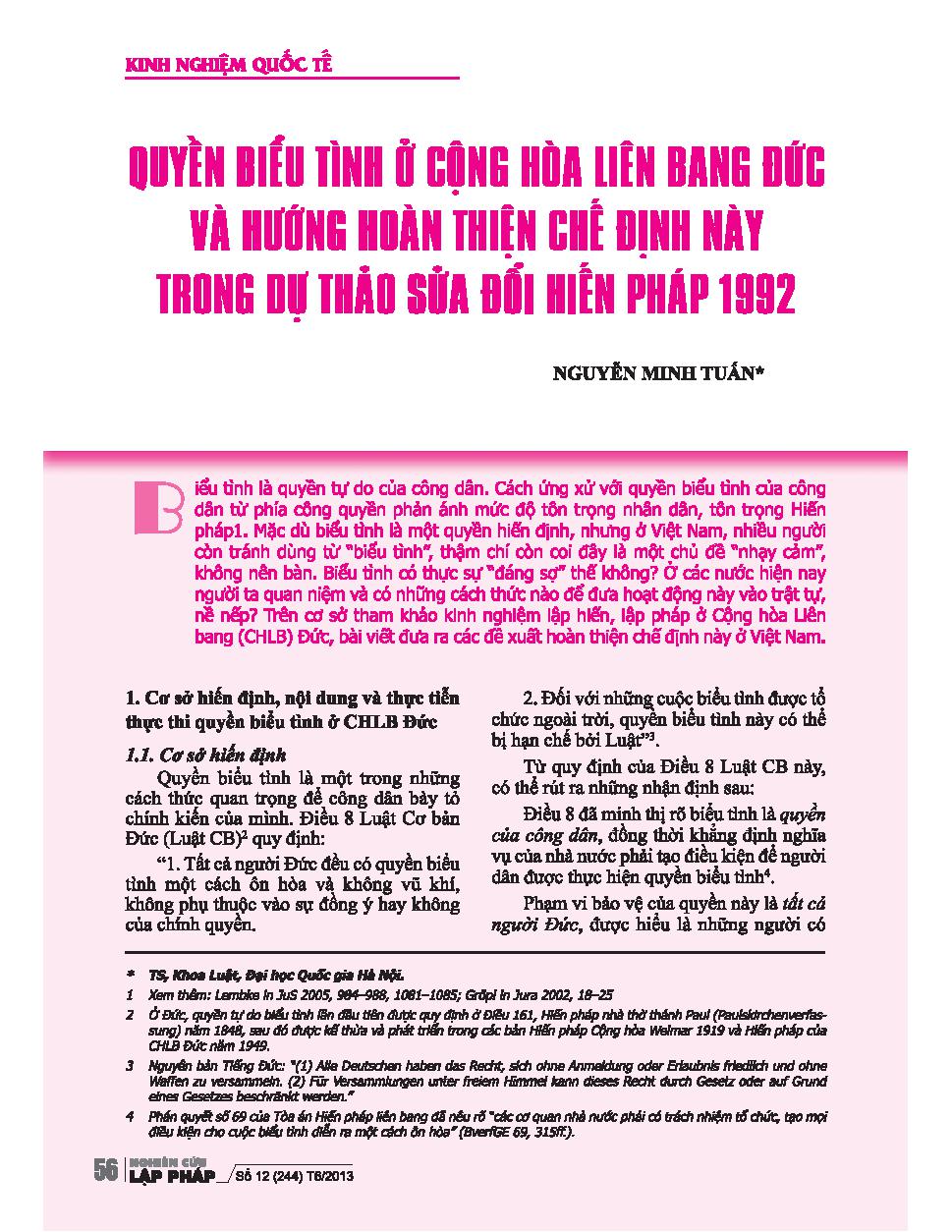 Quyền biểu tình ở cộng hòa Liên bang Đức và hướng hoàn thiện chế định này trong dự thảo sửa đổi Hiến pháp 1992