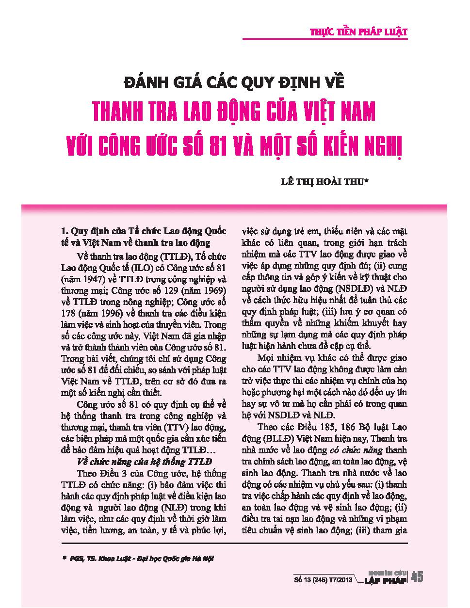 Đánh giá các quy định về thanh tra lao động của Việt Nam với công chức số 81 và một số kiến nghị