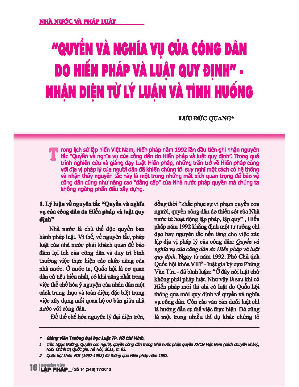 Quyền và nghĩa vụ của công dân do Hiến pháp và luật quy định- nhận diện từ lý luận và tính huống