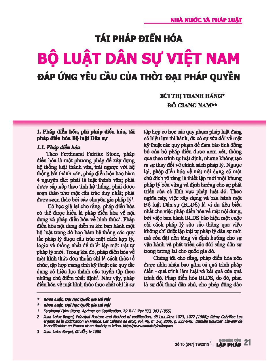 Tái pháp điển hóa bộ luật dân sự Việt Nam đáp ứng yêu cầu của thời đại pháp quyền