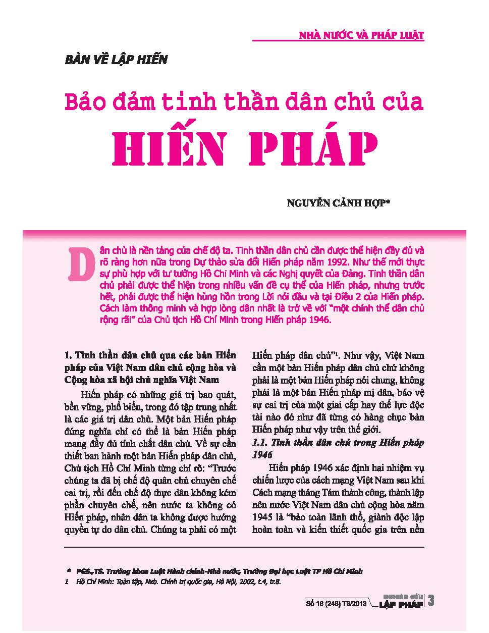 Bàn về lập hiến: Bảo đảm tinh thần dân chủ của Hiến pháp