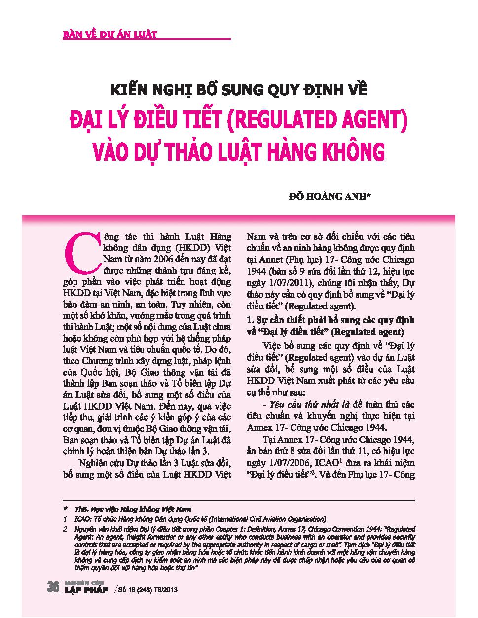 Kiến nghị bổ sung quy định về đại lý điều tiết ( regulated agent) vào dự thảo luật hàng không