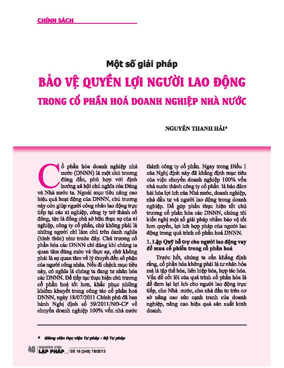 Một số giải pháp bảo vệ quyền lợi người lao động trong cổ phần hoá doanh nghiệp nhà nước