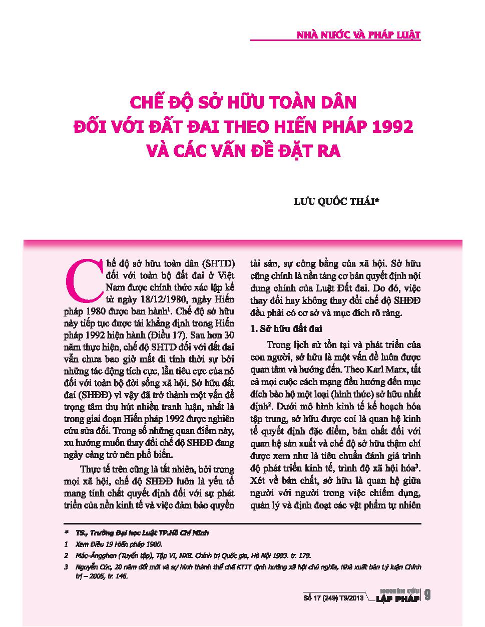 Chế độ sở hữu toàn dân đối với đất đai theo Hiến pháp 1992 và các vấn đề đặt ra