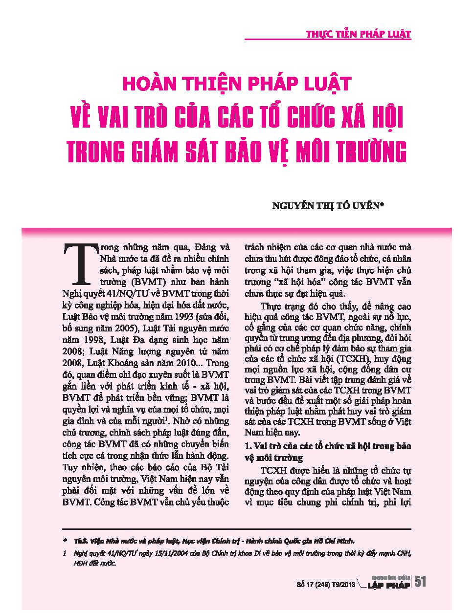 Hoàn thiện pháp luật về vai trò của các tổ chức xã hội trong giám sát bảo vệ môi trường