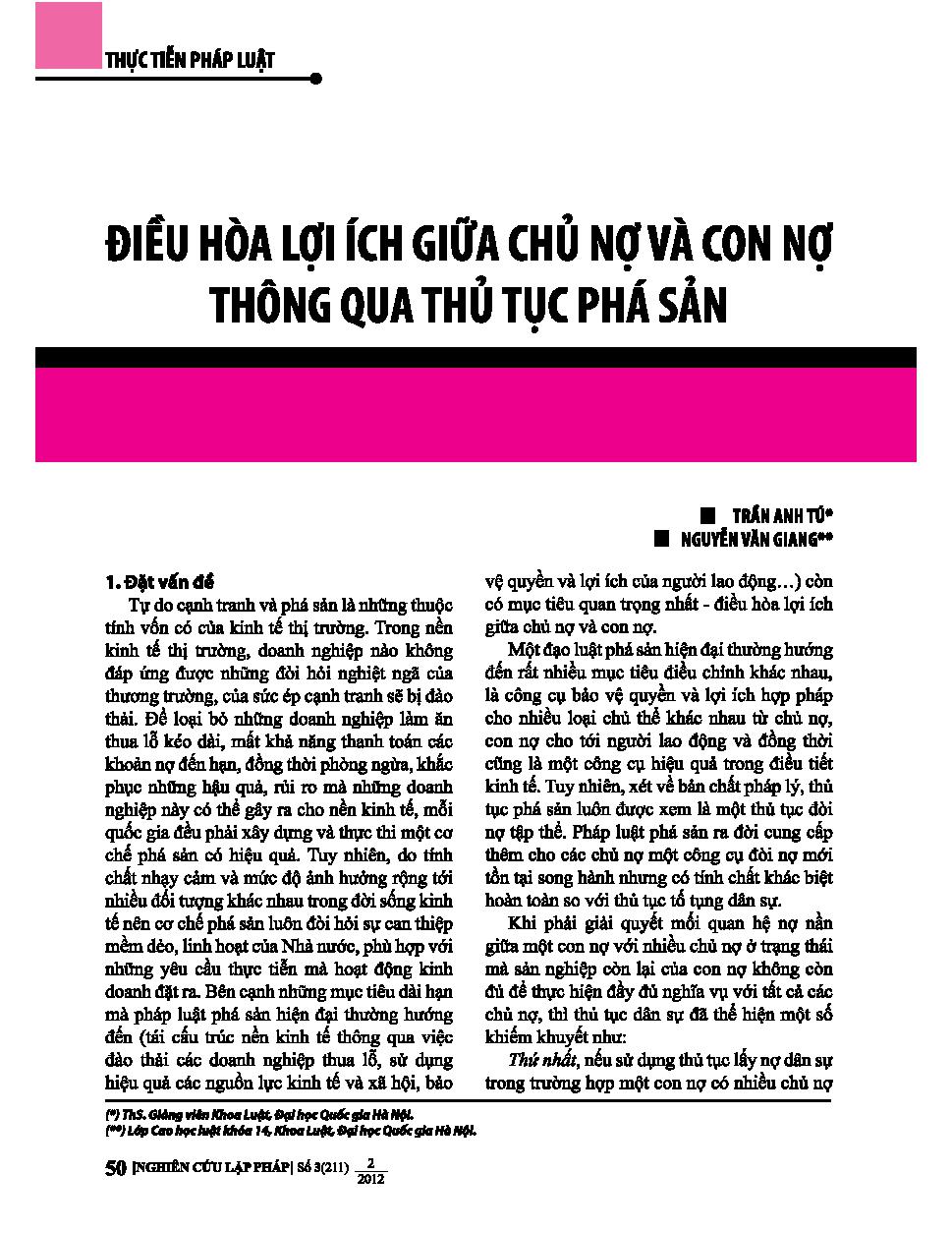 Điều hòa lợi ích giữa chủ nợ và con nợ thông qua thủ tục phá sản