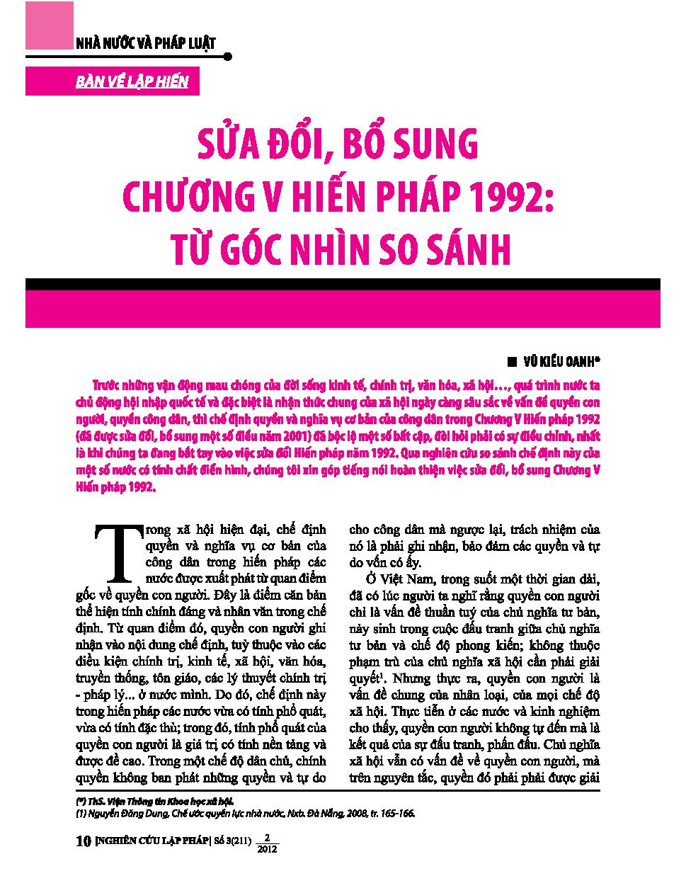 Sửa đổi, bổ sung chương V Hiến pháp 1992:Từ góc nhìn so sánh