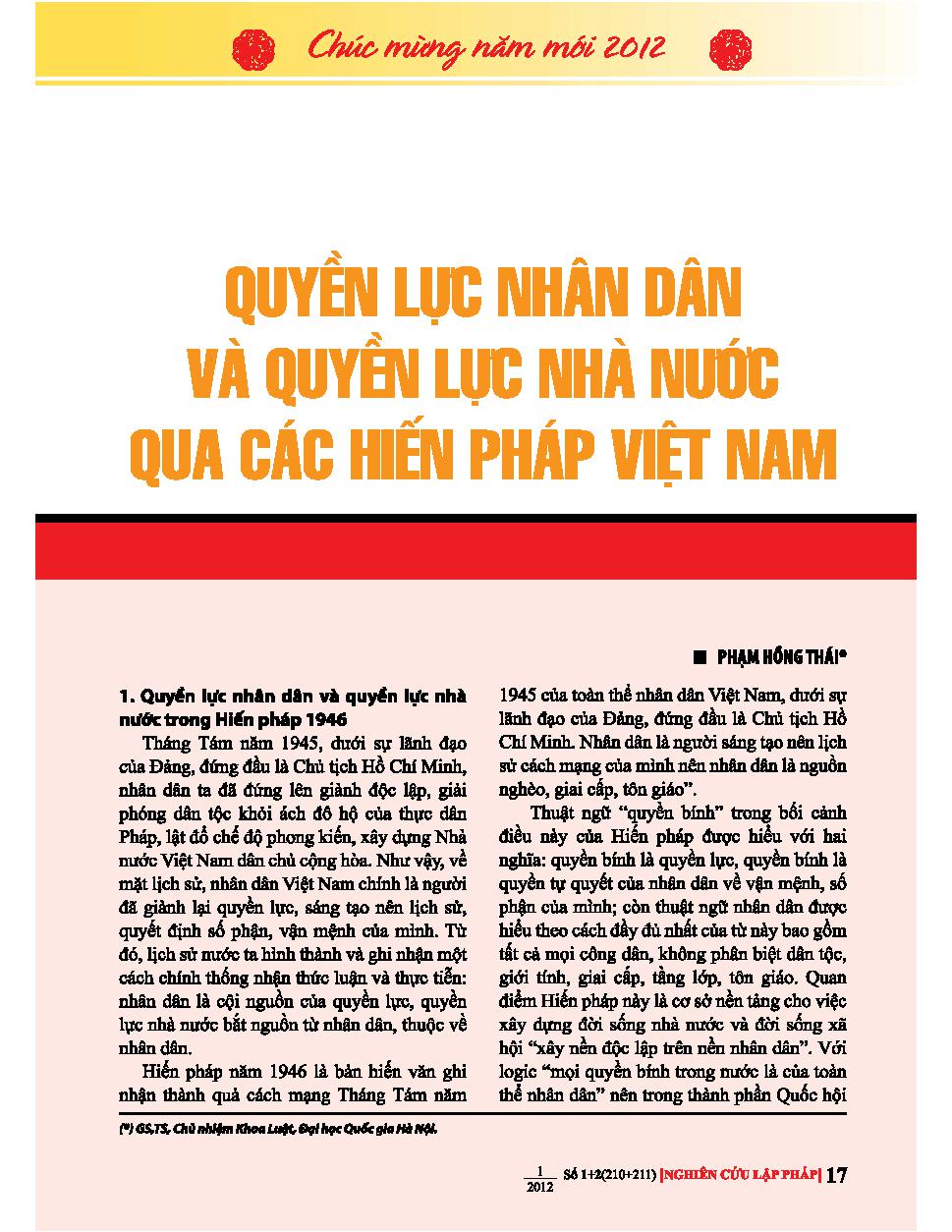 Quyền lực nhân dân và quyền lực nhà nước qua các Hiến pháp Việt Nam