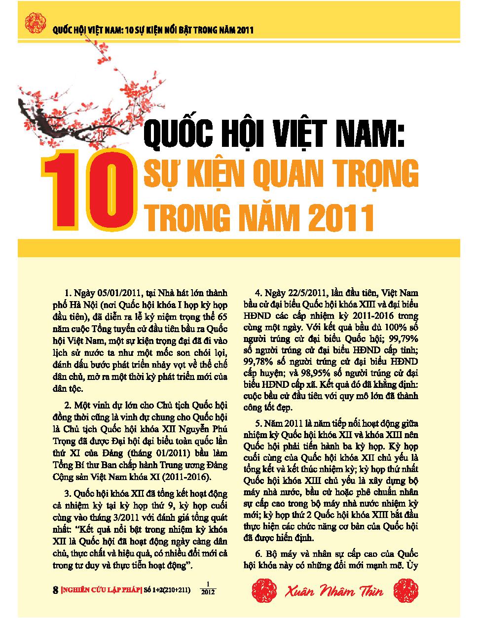 Quốc hội Việt Nam:  Mười sự kiện quan trọng trong năm 2011