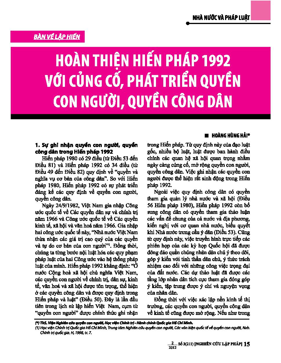 Hoàn thiện Hiến pháp 1992 với củng cố, phát triển quyền con người, quyền công dân