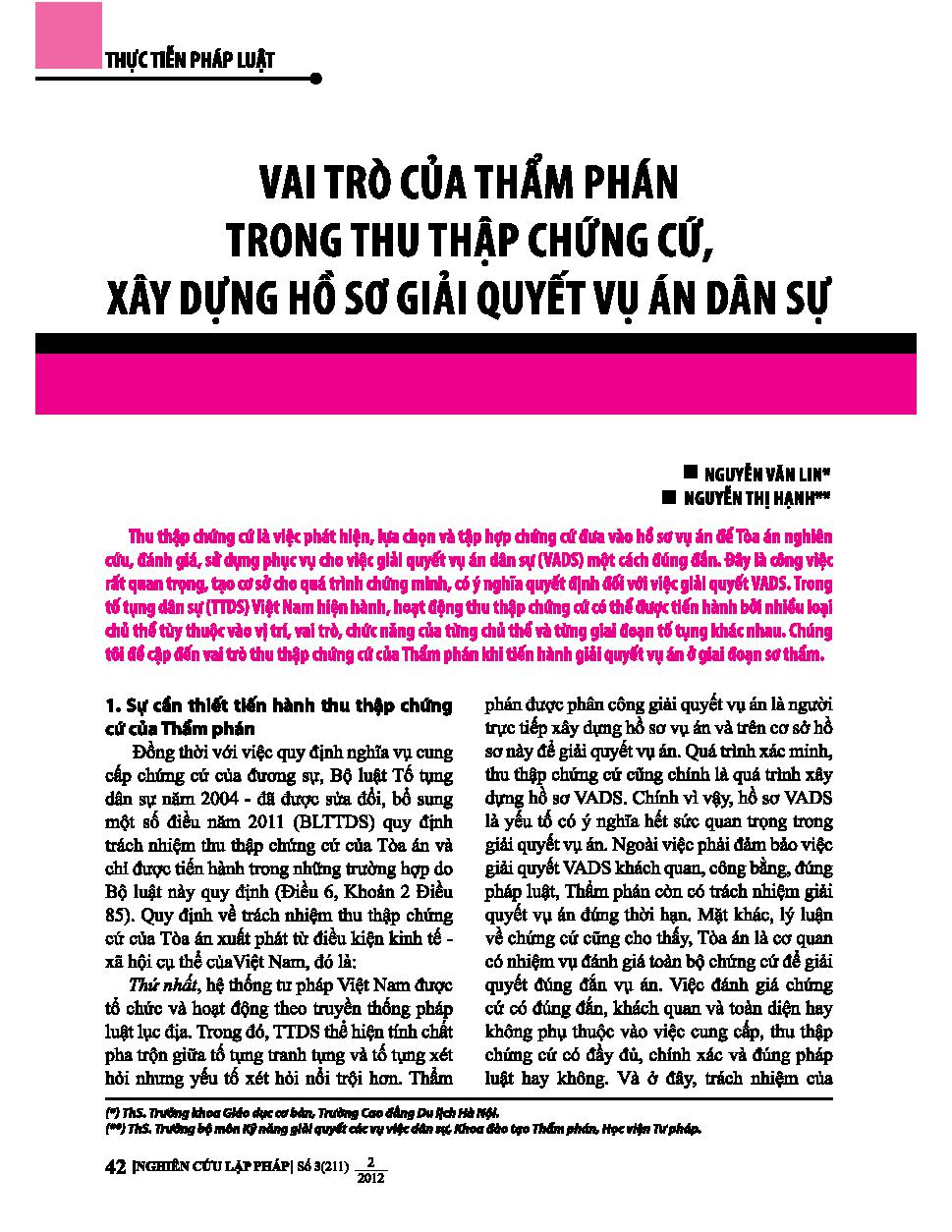 Vai trò của thẩm phán trong thu thập chứng cứ, xây dựng hồ sơ giải quyết vụ án dân sự