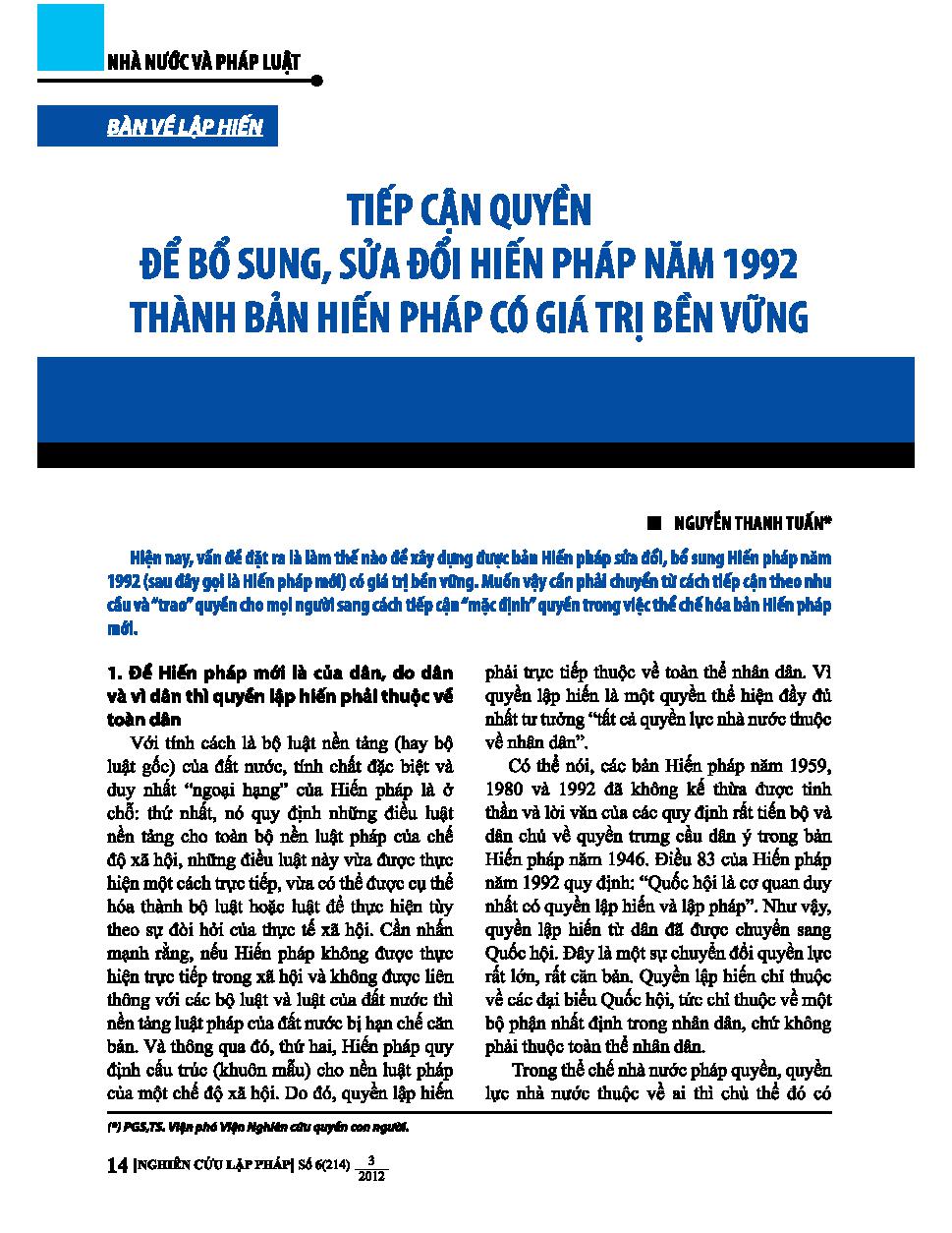 Tiếp cận quyền để bổ sung, sửa đổi hiến pháp năm 1992 thành bản hiến pháp có giá trị bền vững