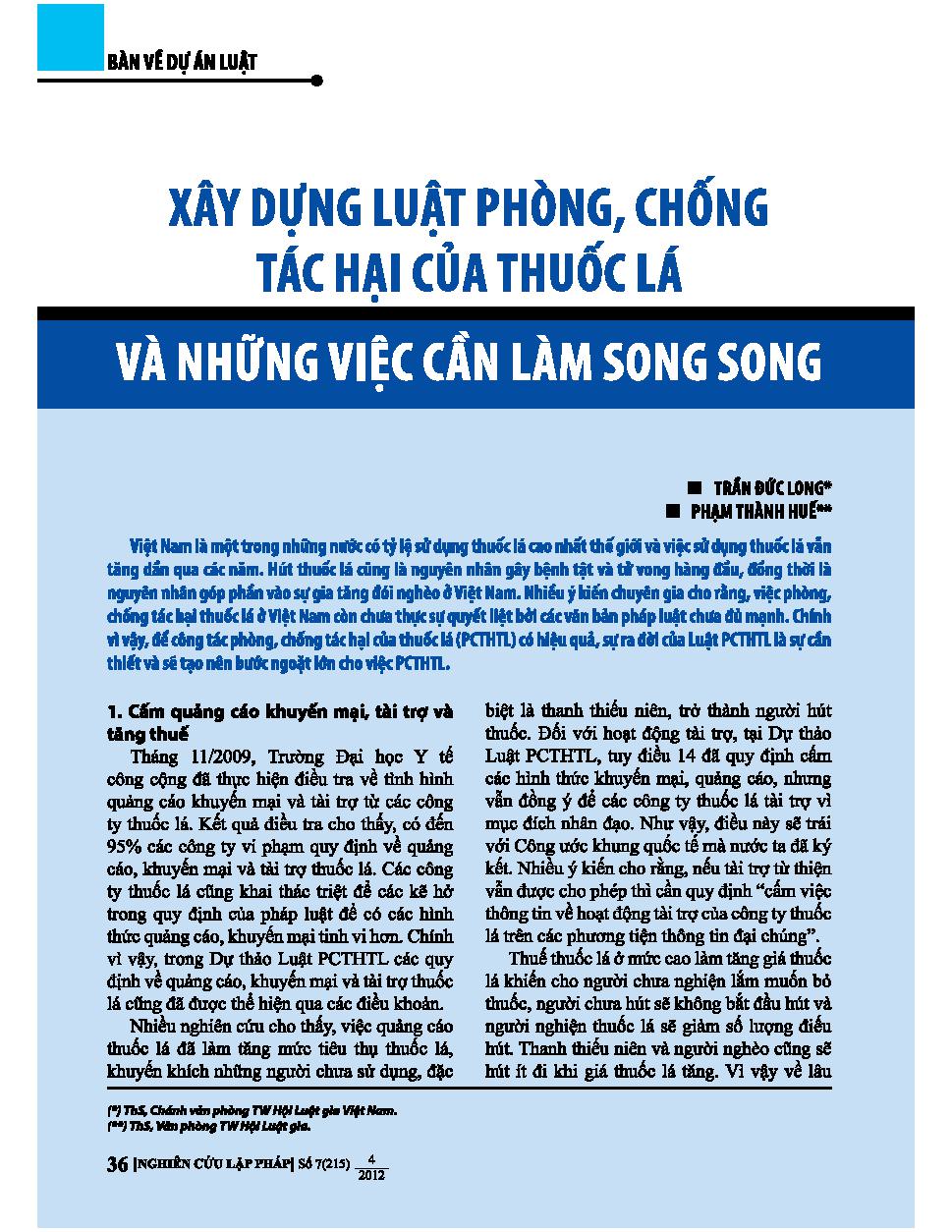 Xây dựng luật phòng, chống tác hại của thuốc lá và những việc cần làm song song