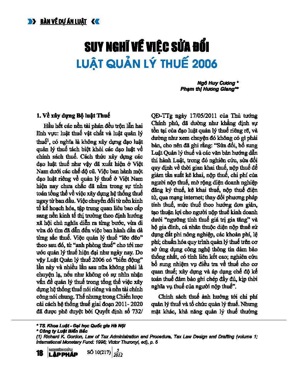 Suy nghĩ về việc sửa đổi luật quản lý thuế 2006