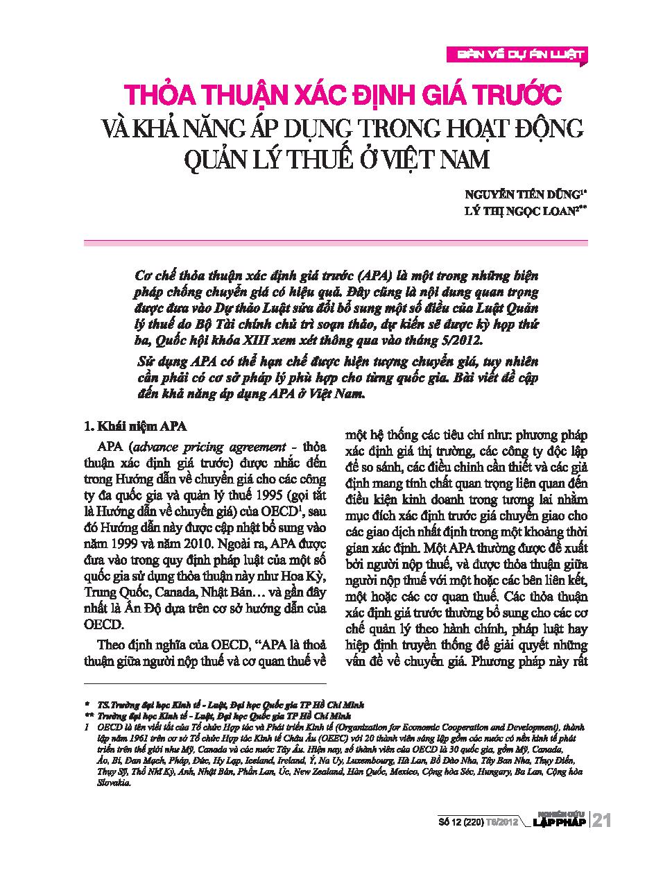 Thỏa thuận xác định giá trước và khả năng áp dụng trong hoạt động quản lý thuế ở Việt Nam