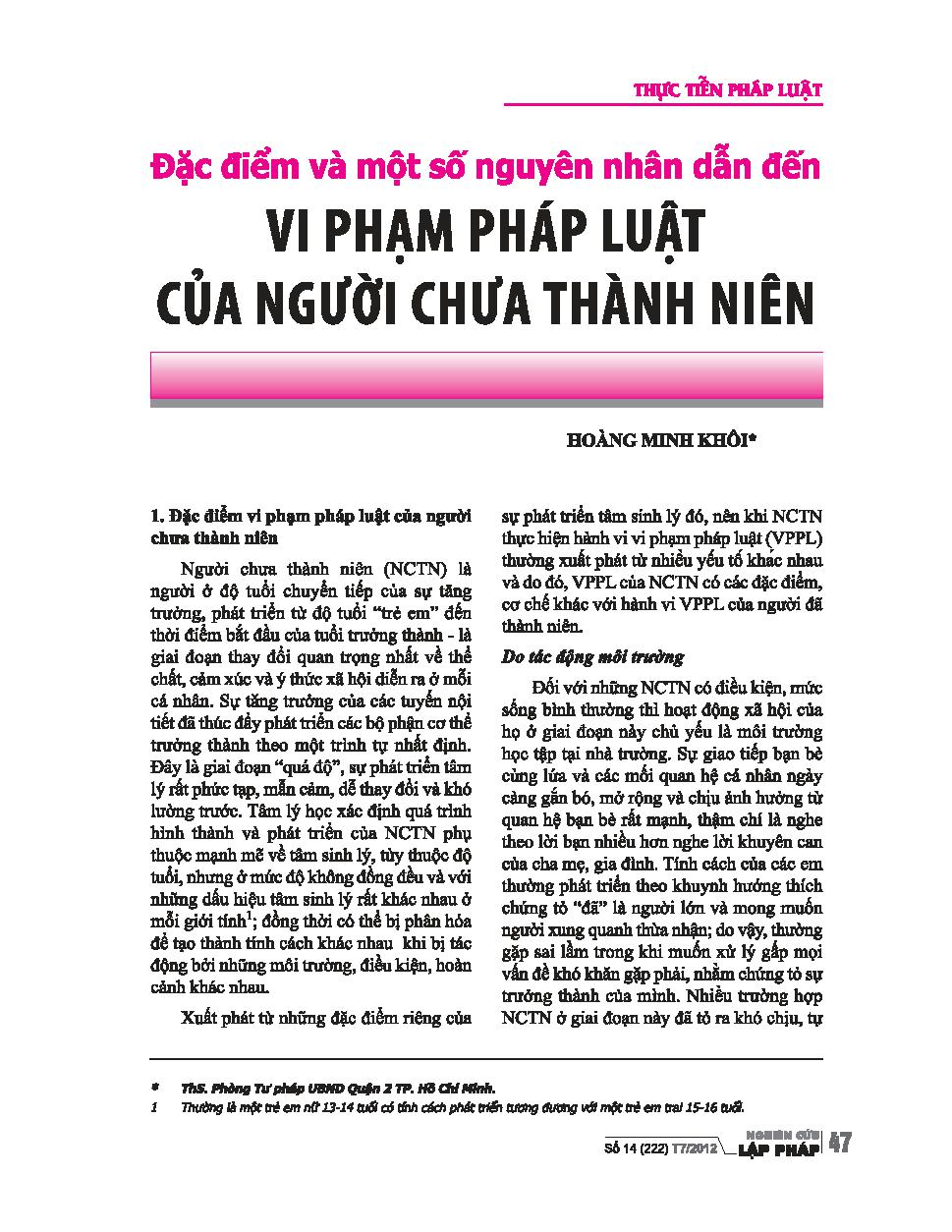 Đặc điểm và một số nguyên nhân dẫn đến vi phạm pháp luật của người chưa thành niên