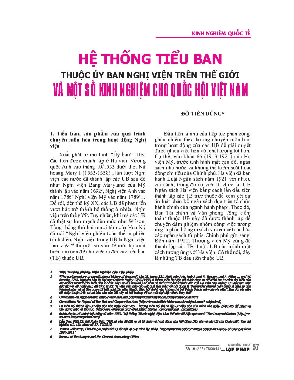 Hệ thống tiểu ban thuộc ủy ban nghị viện trên thế giới và một số kinh nghiệm cho Quốc hội Việt Nam