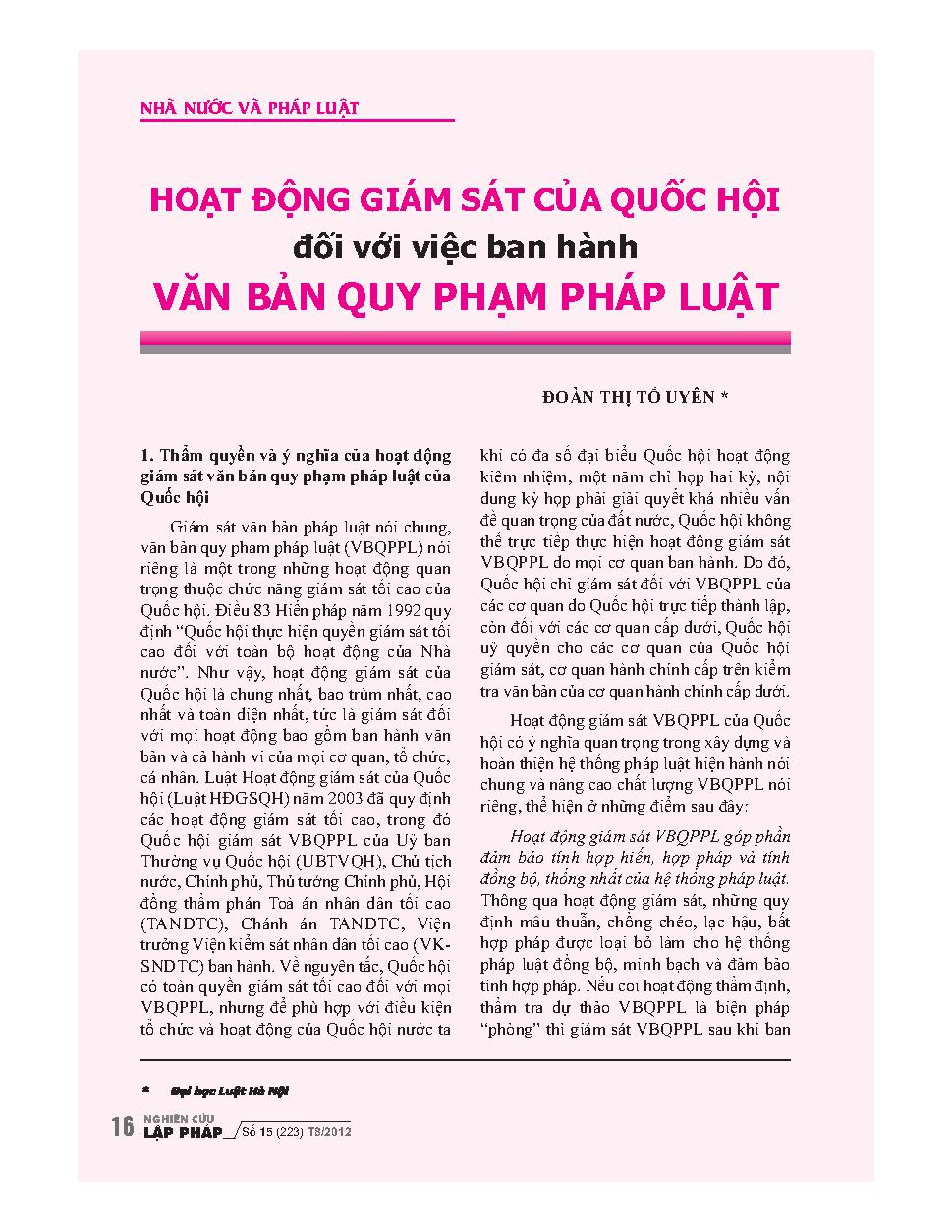 Hoạt động giám sát của Quốc hội đối với việc ban hành văn bản quy phạm pháp luật