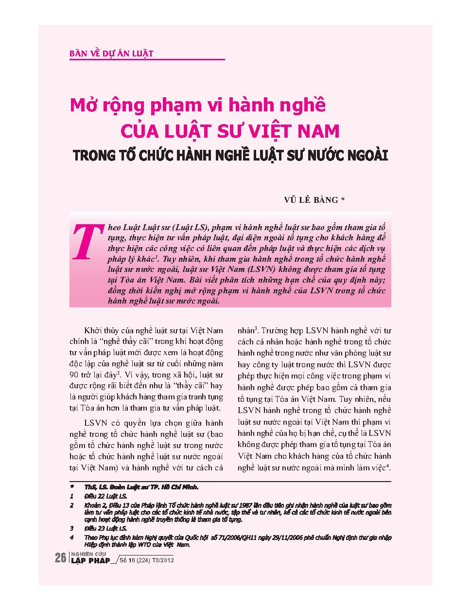 Mở rộng phạm vi hành nghề của luật sư Việt Nam trong tổ chức hành nghề luật sư nước ngoài