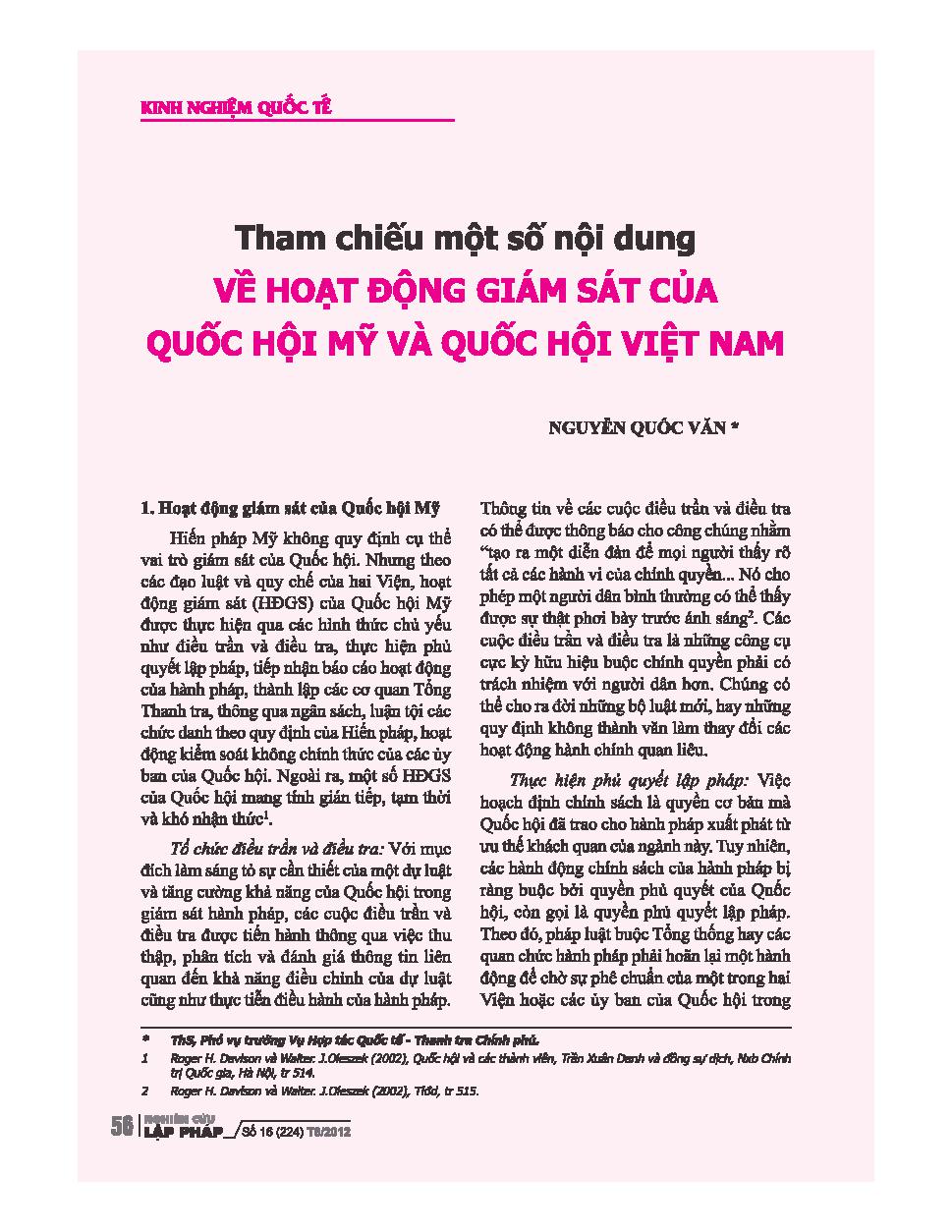 Tham chiếu một số nội dung về hoạt động giám sát của Quốc hội Mỹ và Quốc hội Việt Nam