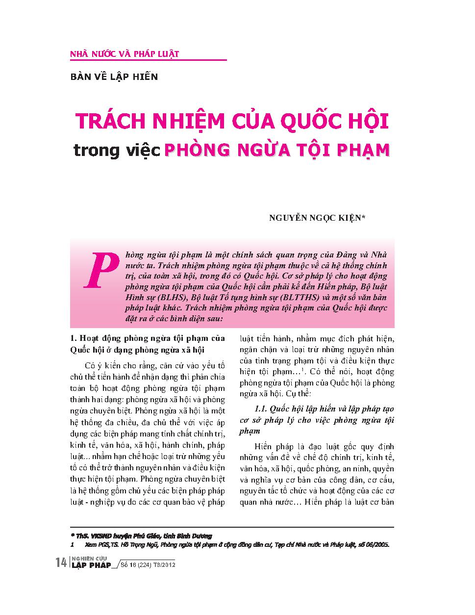 Trách nhiệm của Quốc hội trong việc phòng ngừa tội phạm