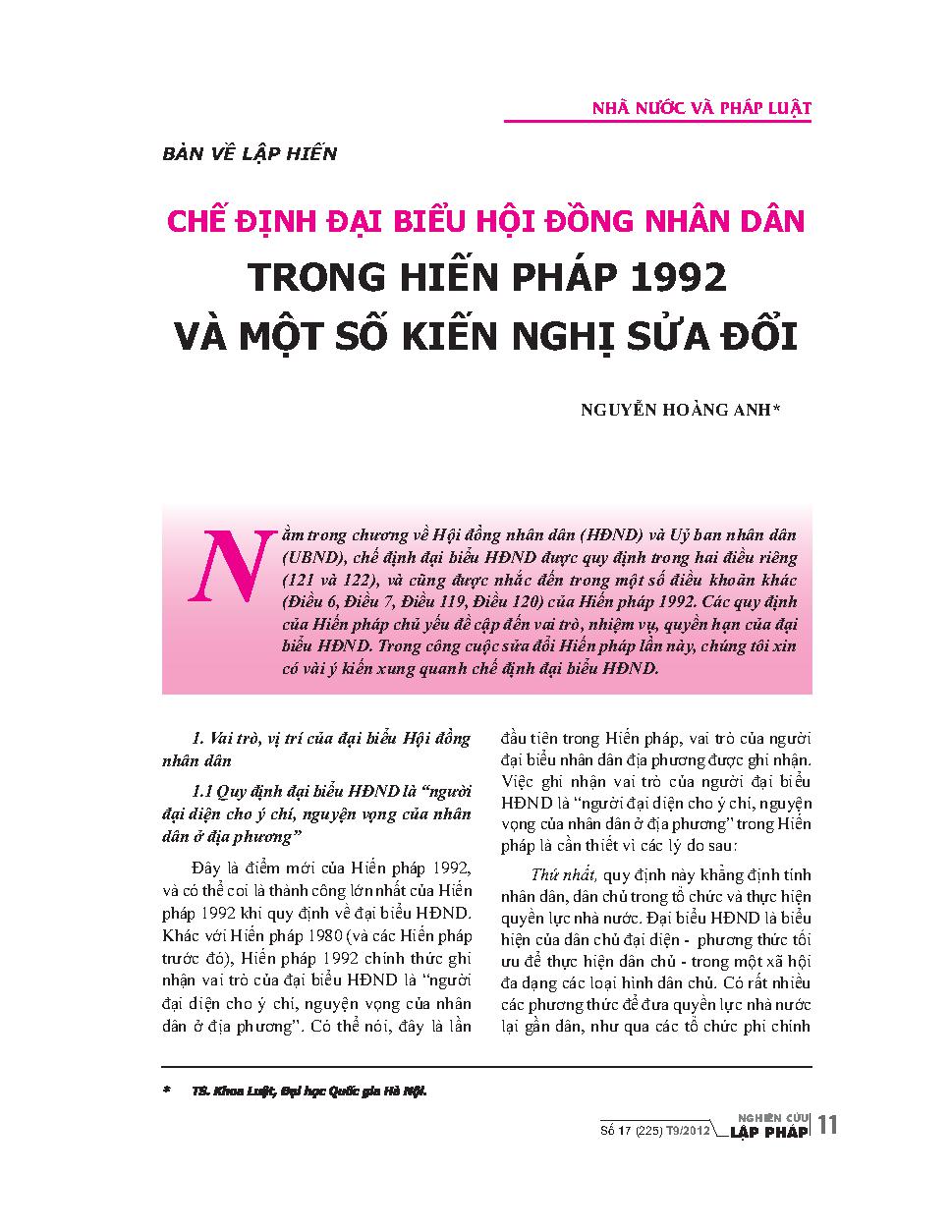 Bàn về lập hiến chế định đại biểu hội đồng nhân dân trong Hiến pháp 1992 và một số kiến nghị sửa đổi