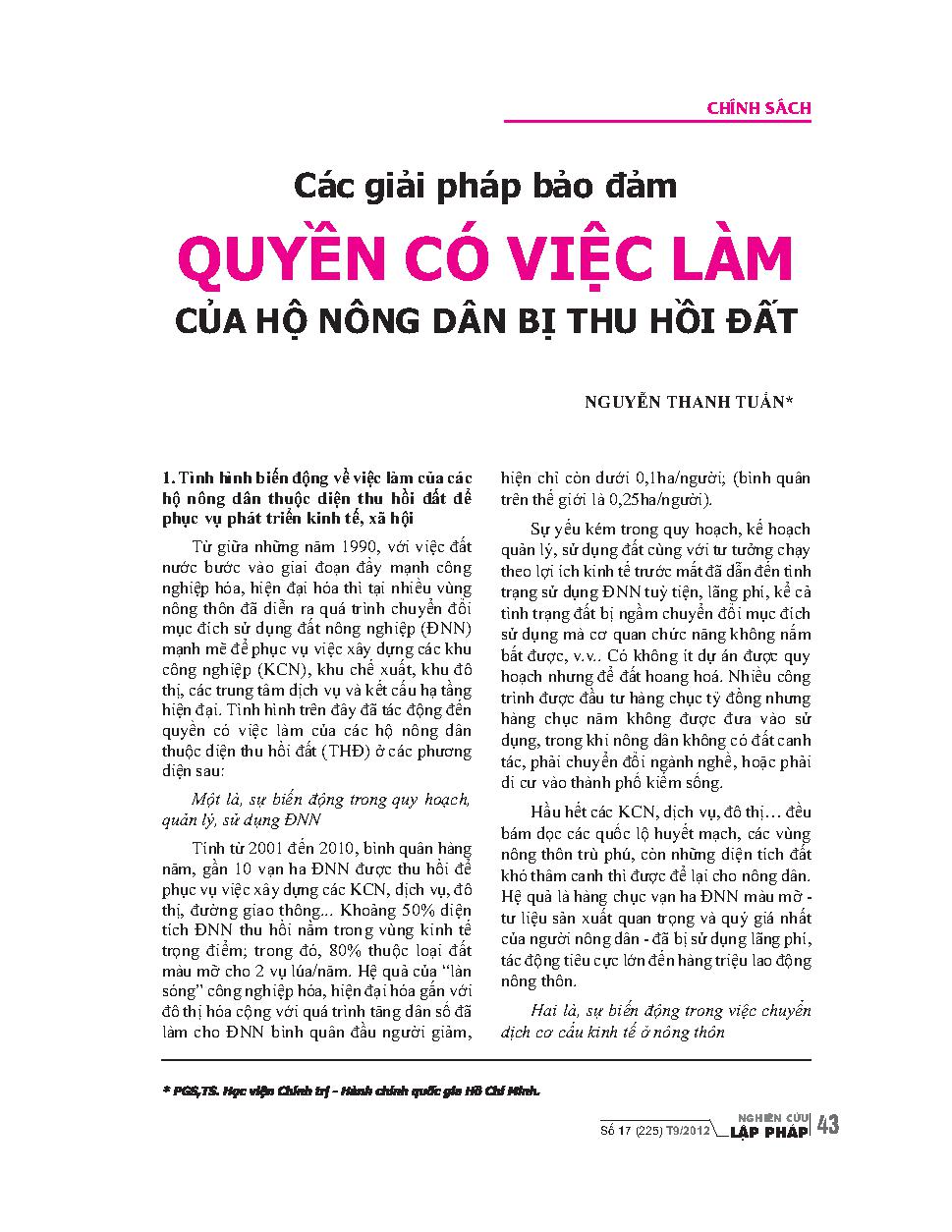 Các giải pháp bảo đảm quyền có việc làm của hộ nông dân bị thu hồi đất