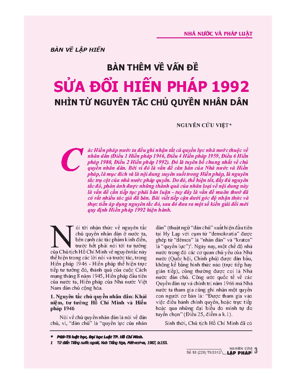 Bàn về lập hiến Bàn thêm về vấn đề sửa đổi Hiến pháp 1992 nhìn từ nguyên tắc chủ quyền nhân dân