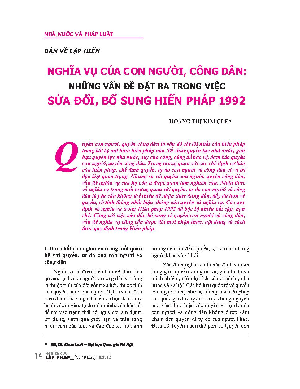 Bàn về lập hiến nghĩa vụ của con người, công dân: Những vấn đề đặt ra trong việc sửa đổi, bổ sung Hiến pháp 1992