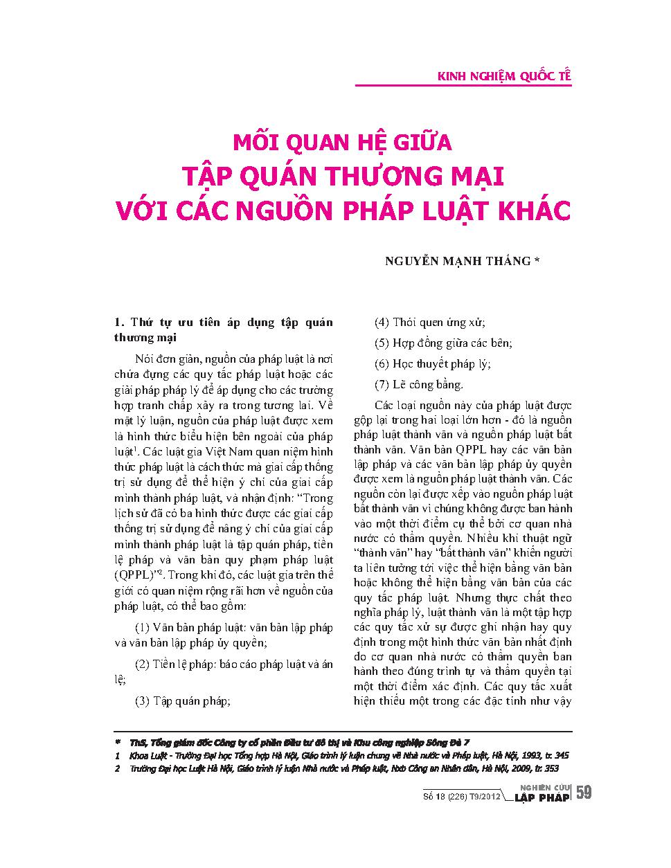 Mối quan hệ giữa tập quán thương mại với các nguồn pháp luật khác