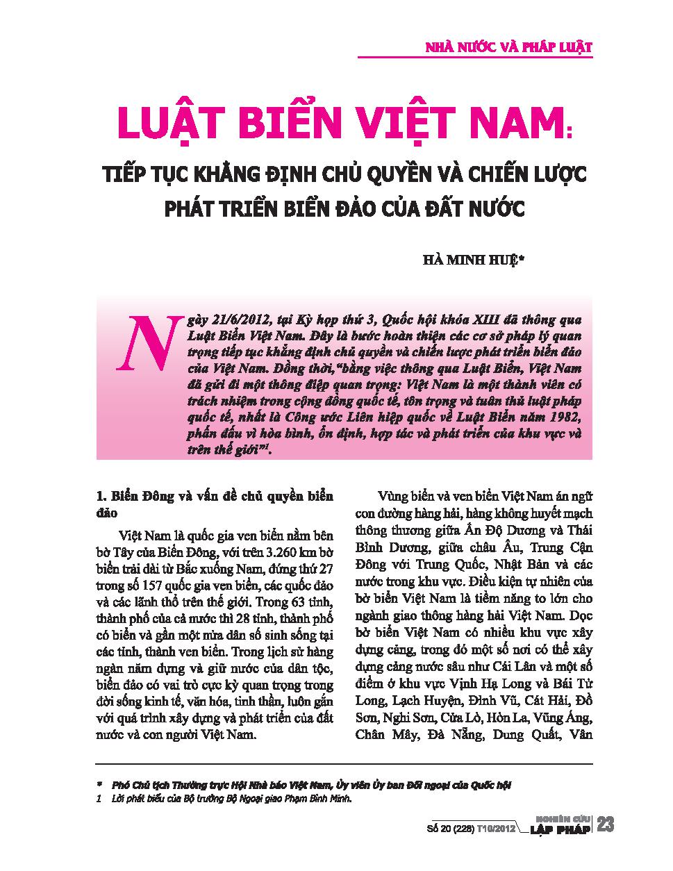 Luật biển Việt Nam: Tiếp tục khẳng định chủ quyền và chiến lược phát triền biển đảo của đất nước