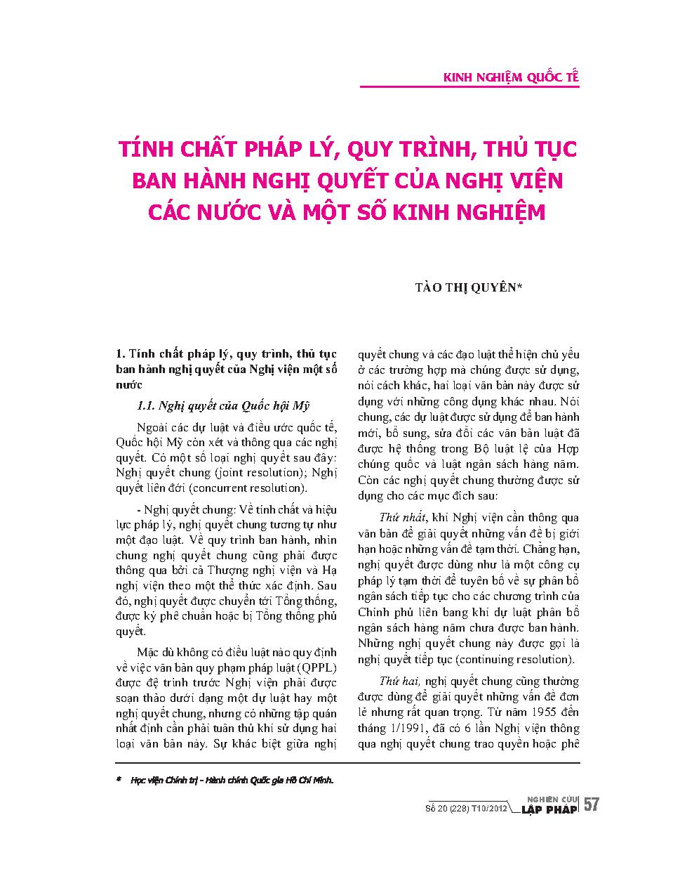 Tính chất pháp lý, quy trình, thủ tục ban hành nghị quyết của nghị viện các nước và một số kinh nghiệm