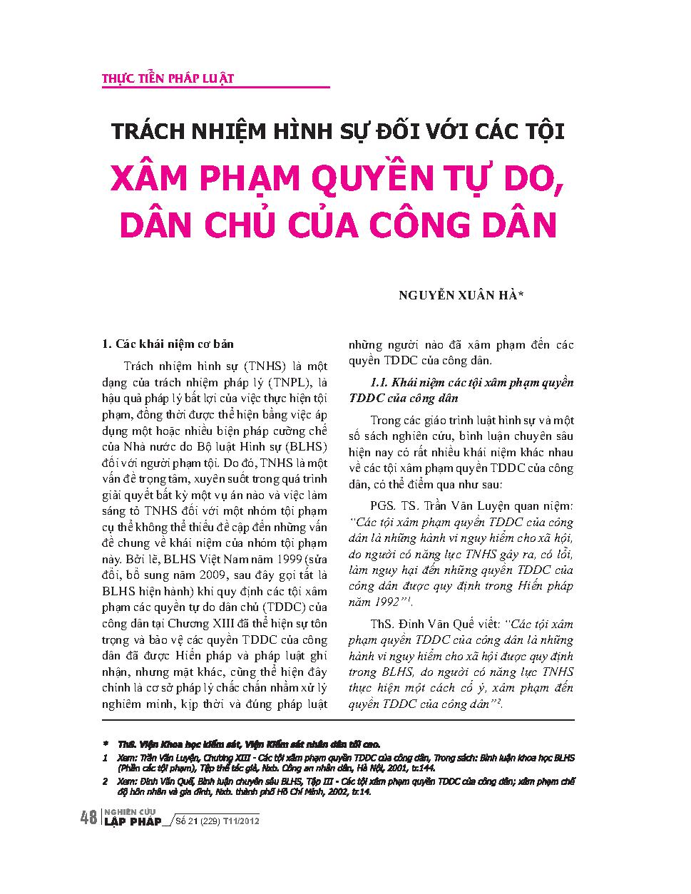 Trách nhiệm hình sự đối với các tội xâm phạm quyền tự do, dân chủ của công dân