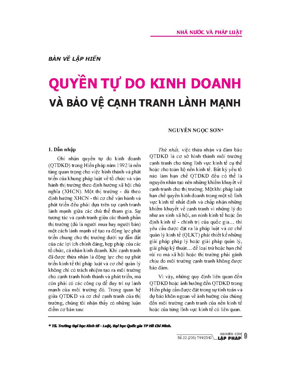 Quyền tự do kinh doanh và bảo vệ cạnh tranh lành mạnh