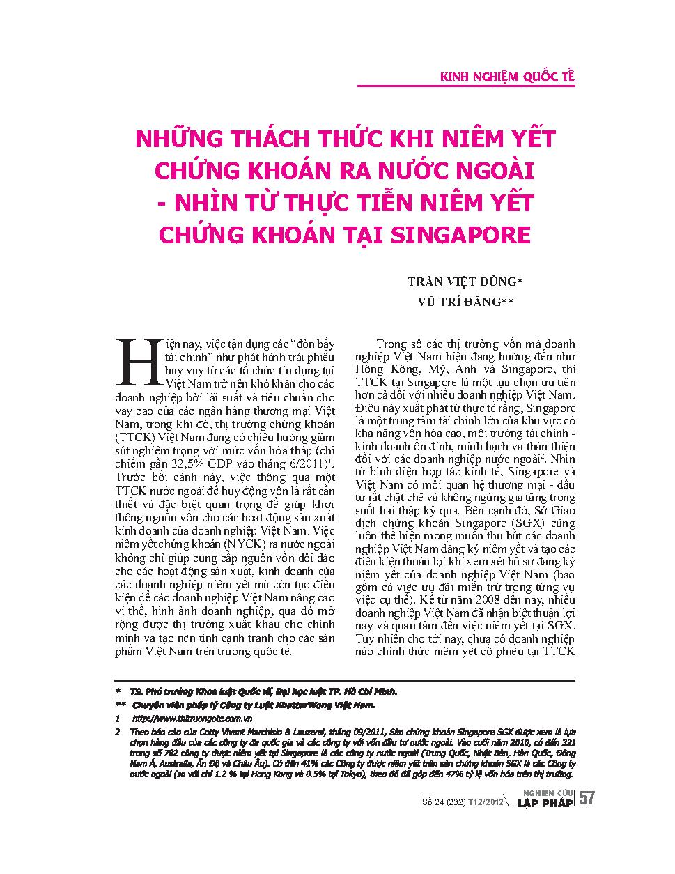 Những thách thưc khi niêm yết chứng khoán ra nước ngoài - Nhìn từ thực tiễn niêm yết chứng khoán tại Singapore