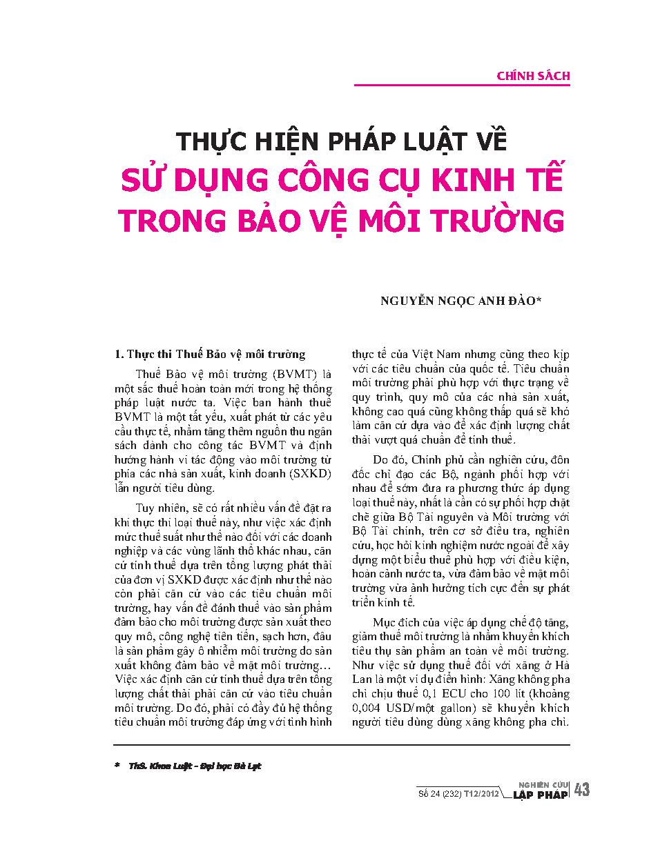 Thực hiện pháp luật về sử dụng công cụ kinh tế trong bảo vệ môi trường