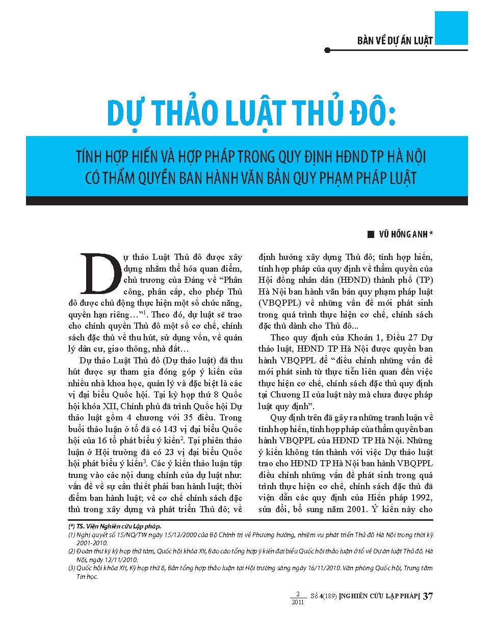 Dự thảo luật thủ đô: tính hợp hiến và hợp pháp trong quy định HĐND thành phố Hà Nội có thẩm quyền ban hành văn bản quy phạm pháp luật